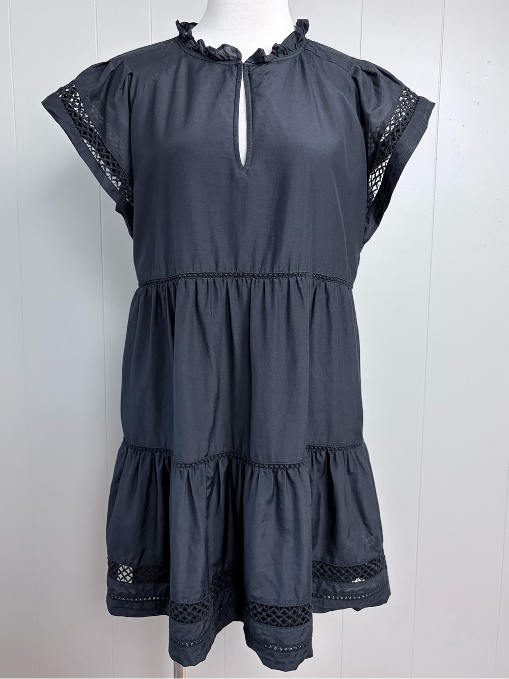 Marie Oliver Black Silk Cotton Tiered Mini Dress Crochet Trim S